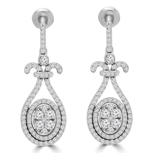 2/3 CTW Round Diamond Halo Oval Cluster Drop/Dangle Earrings in 14K White Gold