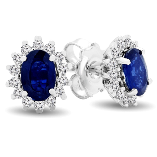 Clous oreilles halo or blanc 14K ct saphir ovale bleu et diamants ronds 4 ct 1 1/2 ct