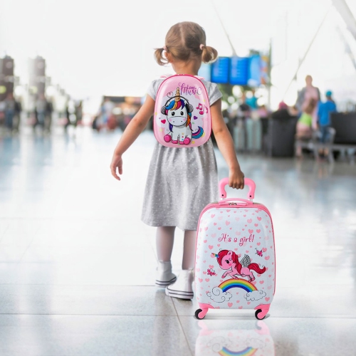 Gymax 2PC Kids Luggage Set 12'' Backpack & 16'' Rolling Suitcase for School Travel ABS