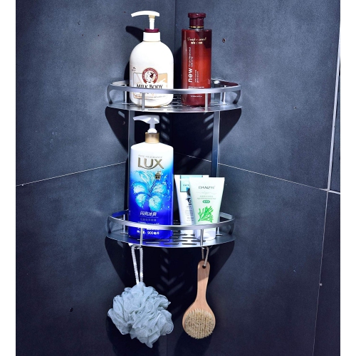 No Drilling Bathroom Shower Corner Shelves, Bathroom Caddy Bath Aluminum 2 Tier Adhesive Shelf Basket