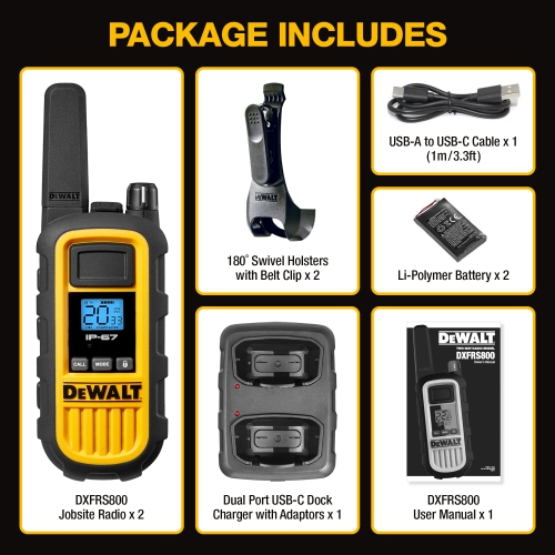 2 DEWALT DXFRS800 Walkie Talkies-2 Watt, Heavy Duty, Waterproof, Shock Resistant, Long Range & Rechargeable Two Way Radio with VOX, 2 Pack of Radios