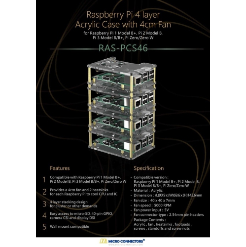 Micro Connectors 4 Layer Stackable Acrylic Raspberry Pi 3 Case for Model B B+ Enclosure with Fan and Heatsinks