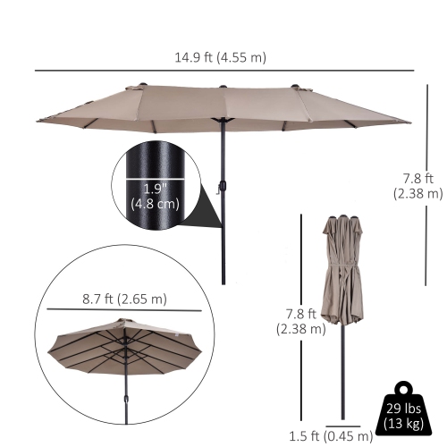 Outsunny 15ft Double-sided Patio Umbrella with Twin Canopy, Extra Large Outdoor Parasol with Crank for Pool, Deck, Market, Tan