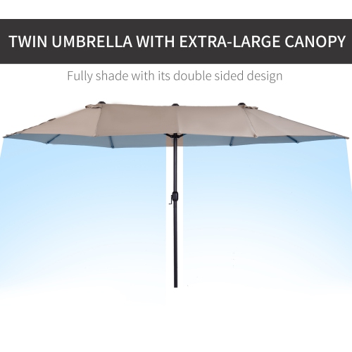 Outsunny 15ft Double-sided Patio Umbrella with Twin Canopy, Extra Large Outdoor Parasol with Crank for Pool, Deck, Market, Tan