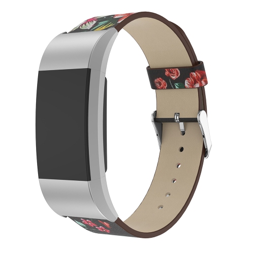 StrapsCo Leather Watch Band Strap with Peonies Floral Pattern for Fitbit Charge 2 - Black & Red Peonies