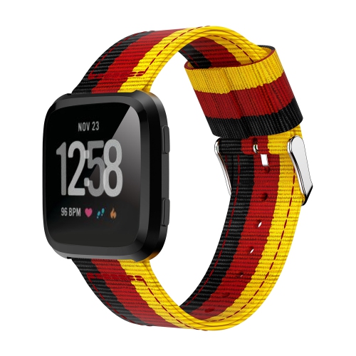 StrapsCo Multicolor Striped Nylon Watch Band Strap for Fitbit Versa - Black/Red/Yellow