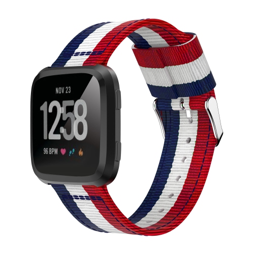 StrapsCo Multicolor Striped Nylon Watch Band Strap for Fitbit Versa - Blue/White/Red