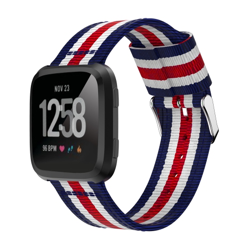 StrapsCo Multicolor Striped Nylon Watch Band Strap for Fitbit Versa - Red/White/Blue