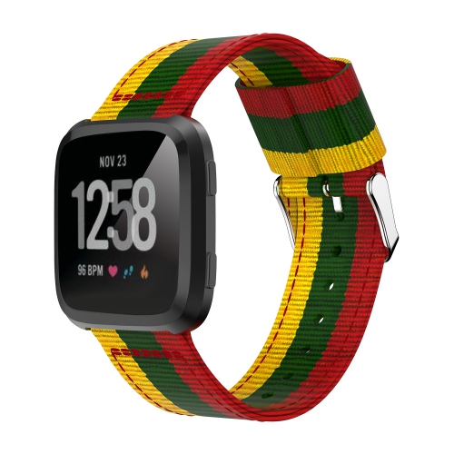 StrapsCo Multicolor Striped Nylon Watch Band Strap for Fitbit Versa - Yellow/Green/Red