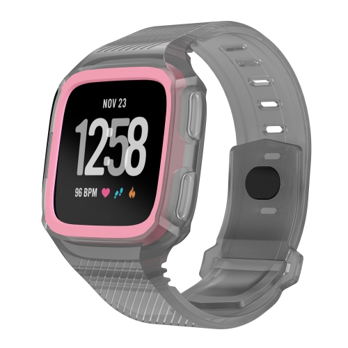 StrapsCo Silicone Rubber Watch Band Strap with Case Protector for Fitbit Versa - Grey & Pink