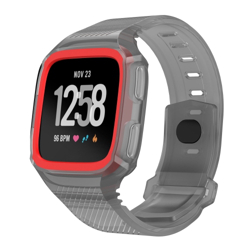 StrapsCo Silicone Rubber Watch Band Strap with Case Protector for Fitbit Versa - Grey & Red