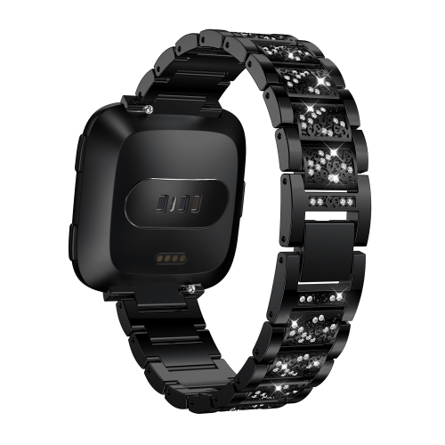 StrapsCo Block Link Alloy Watch Bracelet Band Strap with Rhinestones for Fitbit Versa - Black