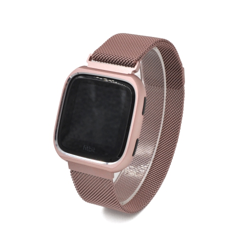 StrapsCo Stainless Steel Milanese Mesh Watch Band Strap with Case Protector for Fitbit Versa - Medium-Long - Rose Gold