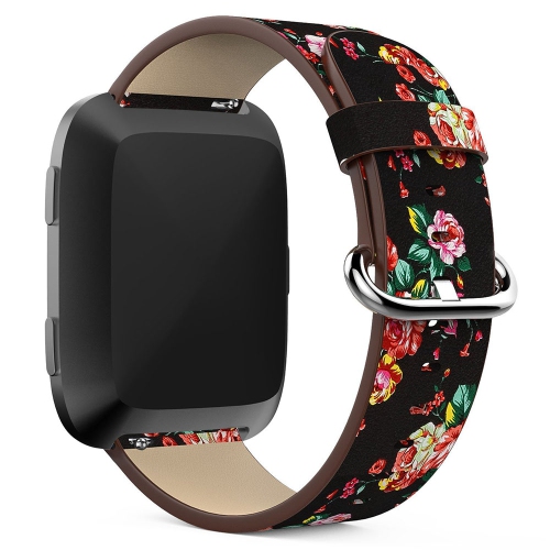StrapsCo Leather Watch Band Strap with Peonies Floral Pattern for Fitbit Versa - Black & Red Peonies
