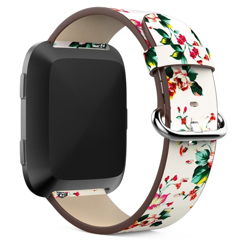 StrapsCo Leather Watch Band Strap with Peonies Floral Pattern for Fitbit Versa - White & Red Peonies