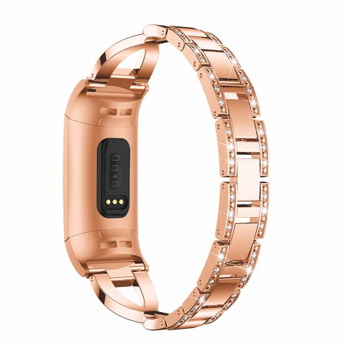 StrapsCo Alloy Watch Bracelet Band Strap with Rhinestones for Fitbit Charge 3 - Rose Gold