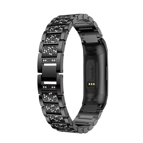 StrapsCo Block Link Alloy Watch Bracelet Band Strap with Rhinestones for Fitbit Charge 3 - Black
