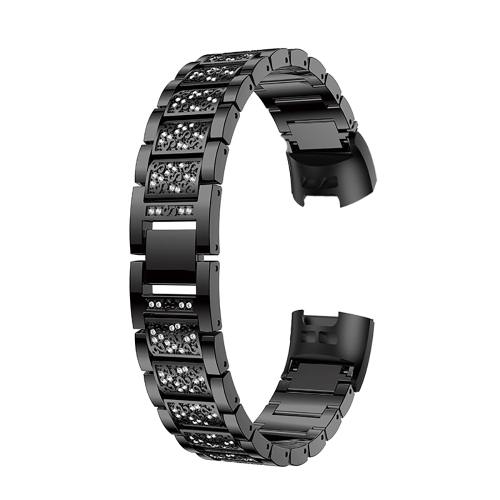 StrapsCo Block Link Alloy Watch Bracelet Band Strap with Rhinestones for Fitbit Charge 3 - Black