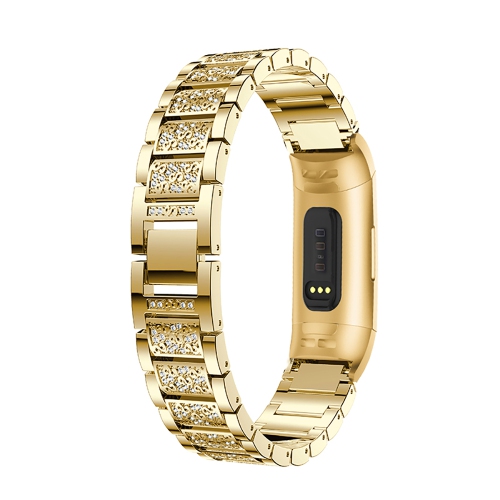 StrapsCo Block Link Alloy Watch Bracelet Band Strap with Rhinestones for Fitbit Charge 3 - Yellow Gold