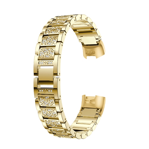 StrapsCo Block Link Alloy Watch Bracelet Band Strap with Rhinestones for Fitbit Charge 3 - Yellow Gold