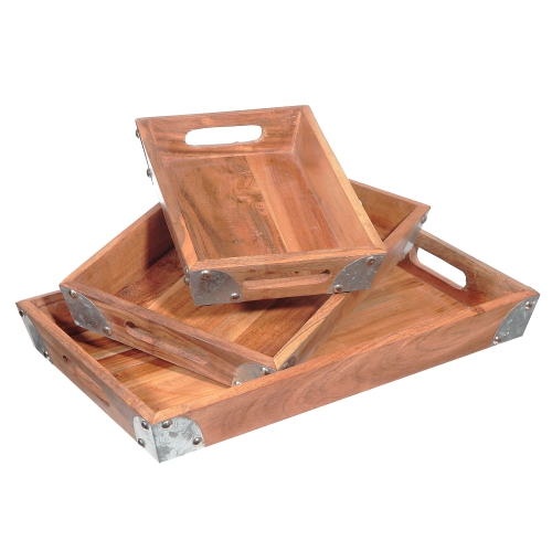 RECT. WOODEN TRAY WITH METAL CORNERS