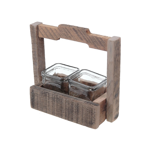 DOUBLE TEALIGHT HOLDER ON WOODEN TRAY WITH C-HANDLE