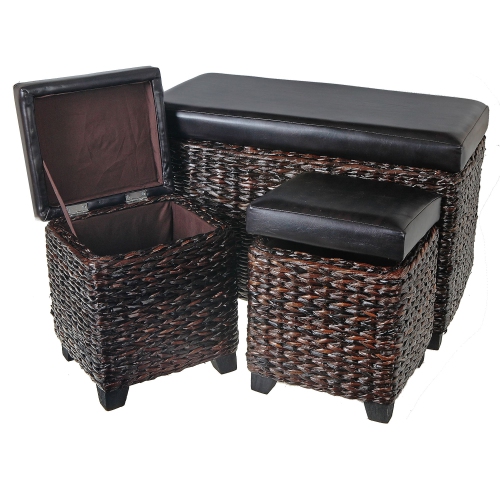 SET OF 3 BROWN WICKER STORAGE OTTOMAN WITH PLEATHER SEAT