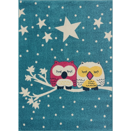 Blue Adorable Kids Area Rug Carpet with Animals Pink Owls and White Stars, 4x5