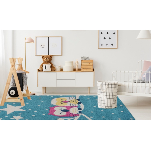 Blue Adorable Kids Area Rug Carpet with Animals Pink Owls and White Stars, 5x7