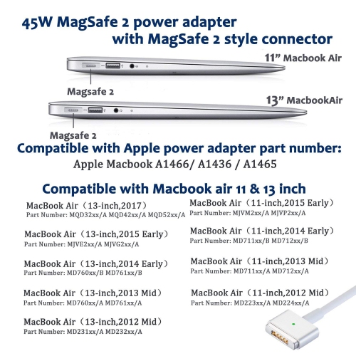 Tucker TM Charger Fit for MacBook Air Charger, 45W Magsafe 2 Power Adapter, T-Tip Magnetic Connector - Magsafe Charger 4