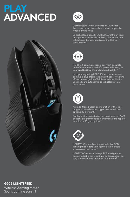 Logitech G903 HERO 25600 DPI Wireless Optical Gaming Mouse - Black