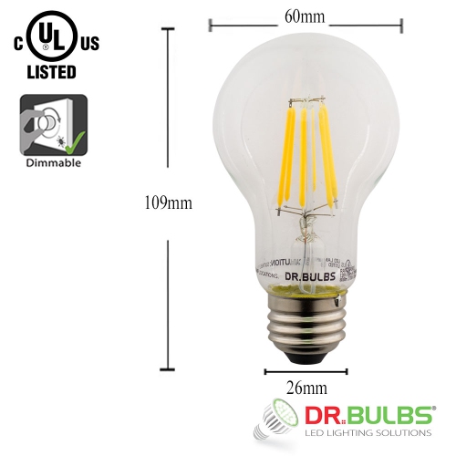 Dr. Bulbs A19 8.5W Warm White (2700K) LED Filament Bulb - 2 Year Warranty - Free Shipping
