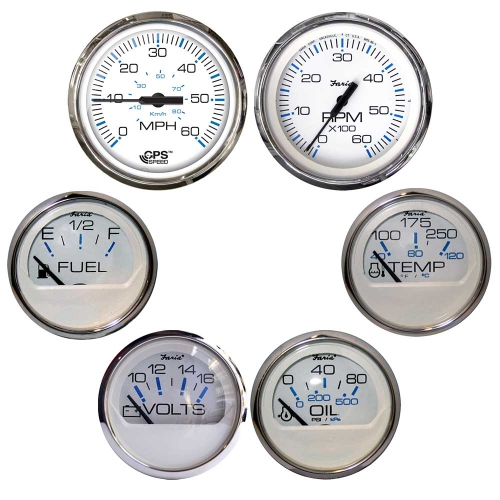 FARIA BEEDE  Faria Chesapeake W/stainless Steel Bezel Boxed Set Of 6 - Speed, Tach, Fuel Level, Voltmeter, Water Temperature&oil Psi In White