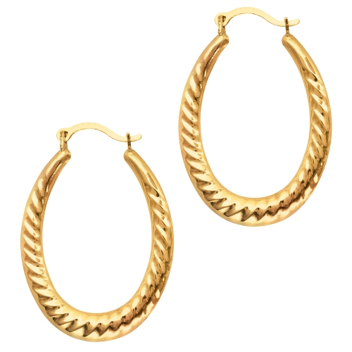 JEWELRY AFFAIRS  10K Gold Ridged Oval Shaped Hoop Earrings, Diameter 30MM In Yellow