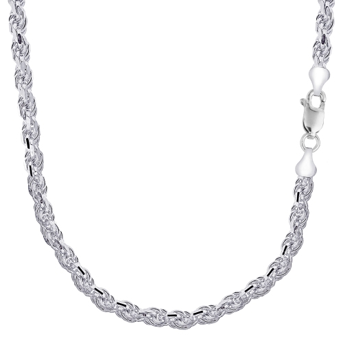 Sterling Silver Rhodium Plated Diamond Cut Rope Chain Necklace, 5.7mm