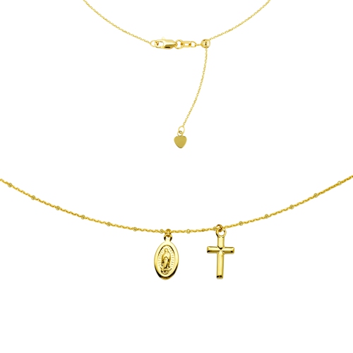 Choker With Dangling Virgin Mary And Cross 14k Yellow Gold Necklace, 16" Adjustable