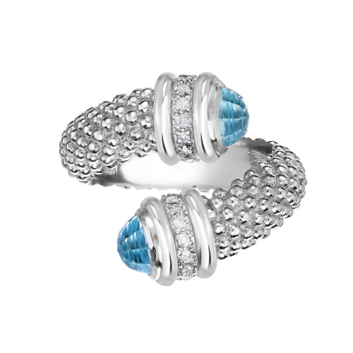 Sterling Silver Blue Topaz And Diamonds Bybass Ring