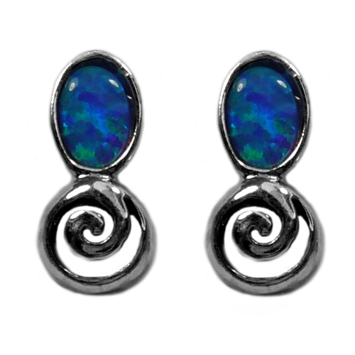 JEWELRY AFFAIRS  Sterling Rhodium Plated Greek Spiral Key With Synthetic Opal Earrings, 5 X 12MM In Silver