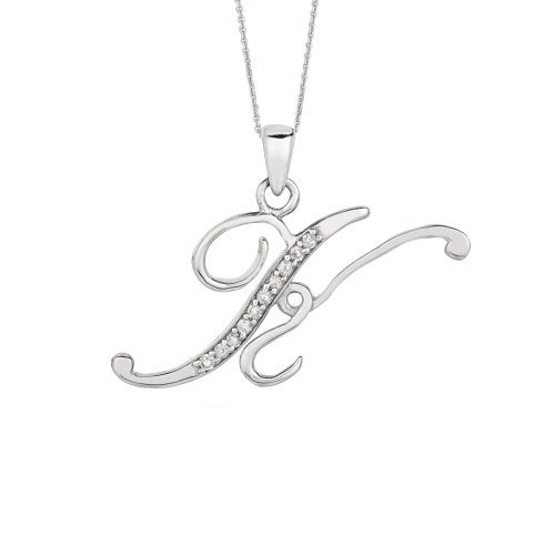 Sterling Silver Rhodium Plated Script Initial Letter K With Diamonds On 18 Inch Chain
