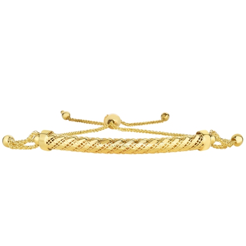 14K Yellow Gold Round Diamond Cut Wheat Adjustable Bracelet With Arched Domed Bar, 9.25"