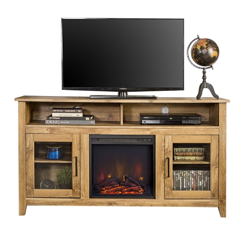 WE FURNITURE  58" Wood Highboy Fireplace Console Media Tv Stand - Barnwood 