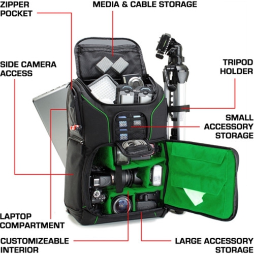 USA GEAR GRSLS17100GNEW DSLR Camera Backpack Green