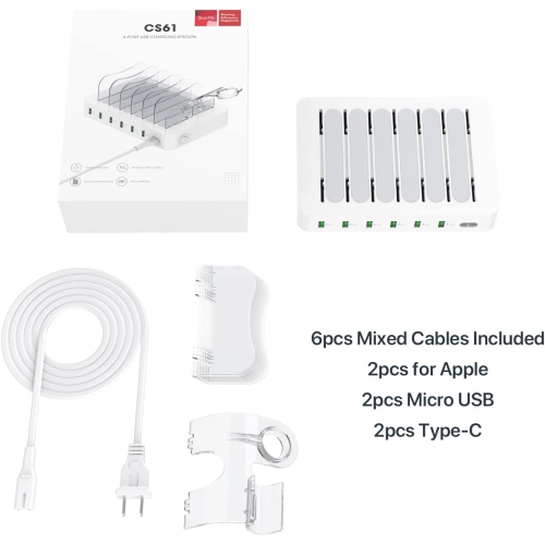 Premium 6-Port USB Charging Station Organizer for Multiple Devices, 6 Short Charging Cables and One Upgraded i-Watch Charger Holder Included, for