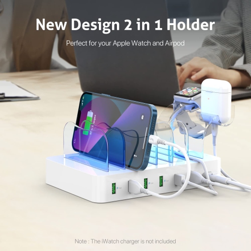 Premium 6-Port USB Charging Station Organizer for Multiple Devices, 6 Short Charging Cables and One Upgraded i-Watch Charger Holder Included, for