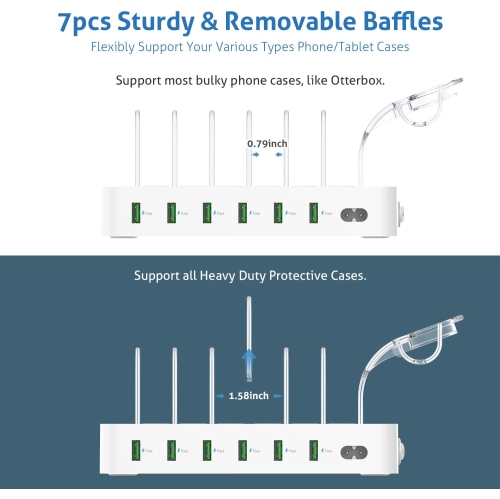 Premium 6-Port USB Charging Station Organizer for Multiple Devices, 6 Short Charging Cables and One Upgraded i-Watch Charger Holder Included, for