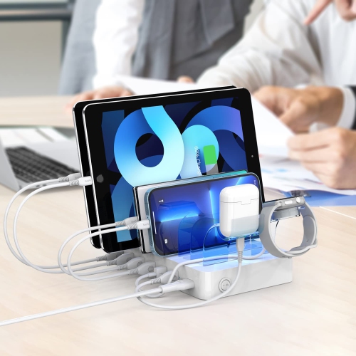 Premium 6-Port USB Charging Station Organizer for Multiple Devices, 6 Short Charging Cables and One Upgraded i-Watch Charger Holder Included, for