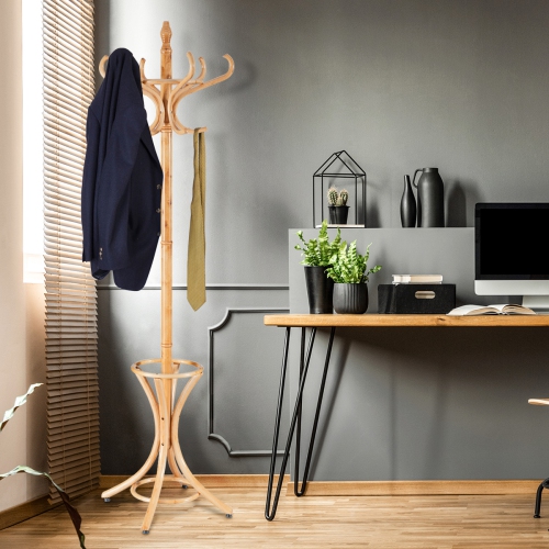 Gymax Wood Standing Hat Coat Rack Jacket Bag Hanger Tree 12 Hooks w/ Umbrella Stand
