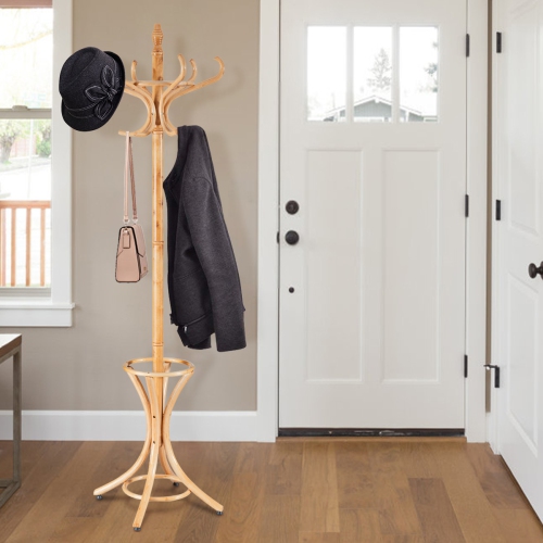 Gymax Wood Standing Hat Coat Rack Jacket Bag Hanger Tree 12 Hooks w/ Umbrella Stand