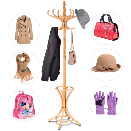 Gymax Wood Standing Hat Coat Rack Jacket Bag Hanger Tree 12 Hooks w/ Umbrella Stand