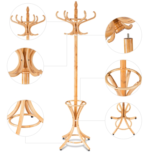 Gymax Wood Standing Hat Coat Rack Jacket Bag Hanger Tree 12 Hooks w/ Umbrella Stand